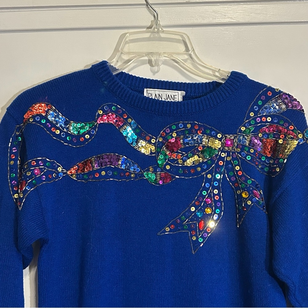Vintage 80s Sequin Sweater Dress by Sweet Baby Jane Blue Bejeweled Size Small